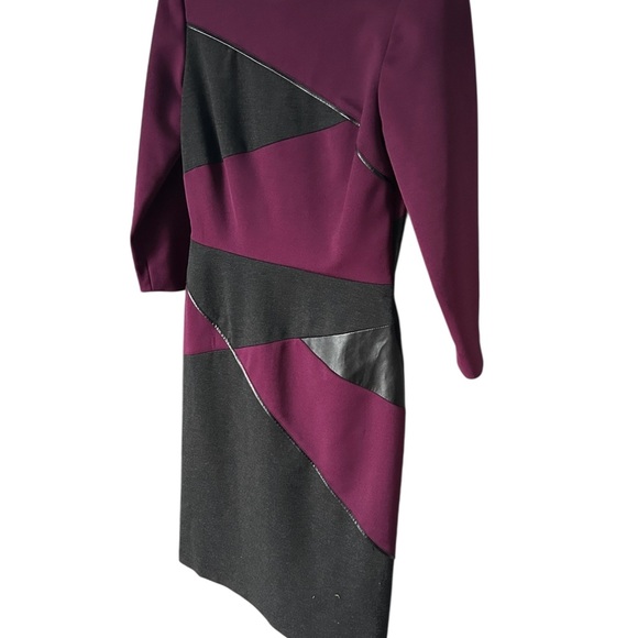 Tahari ASL Colorblock Bodycon Dress Sz 4 Burgundy Black Faux Leather Stretch Zip - Picture 3 of 9